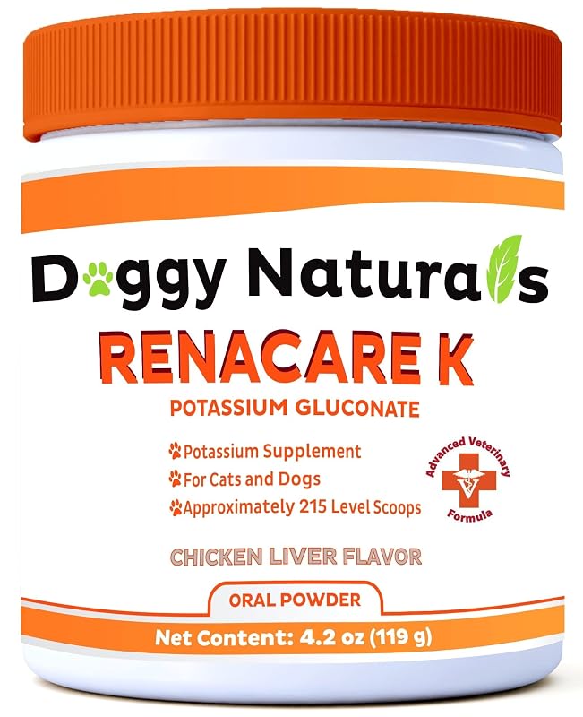 Pet Health Pharma RenaCare K – suplemento de potássio para cães e gatos com gluconato de potássio, pó sabor fígado de frango, 118 g