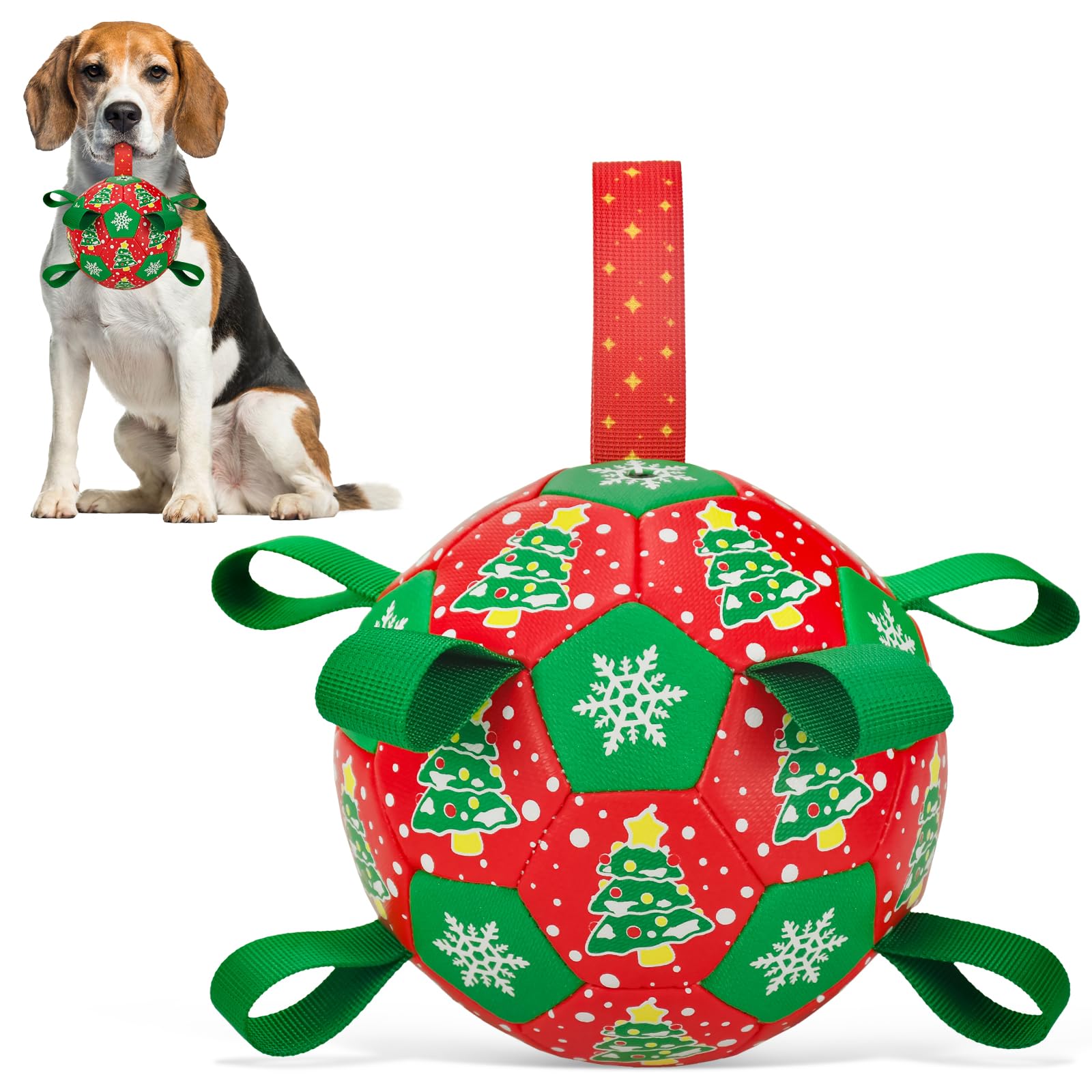 Christmas Soccer Ball Dog Toy With Straps for Interactive Play and Tug of War - Christmas Tree Snowflower