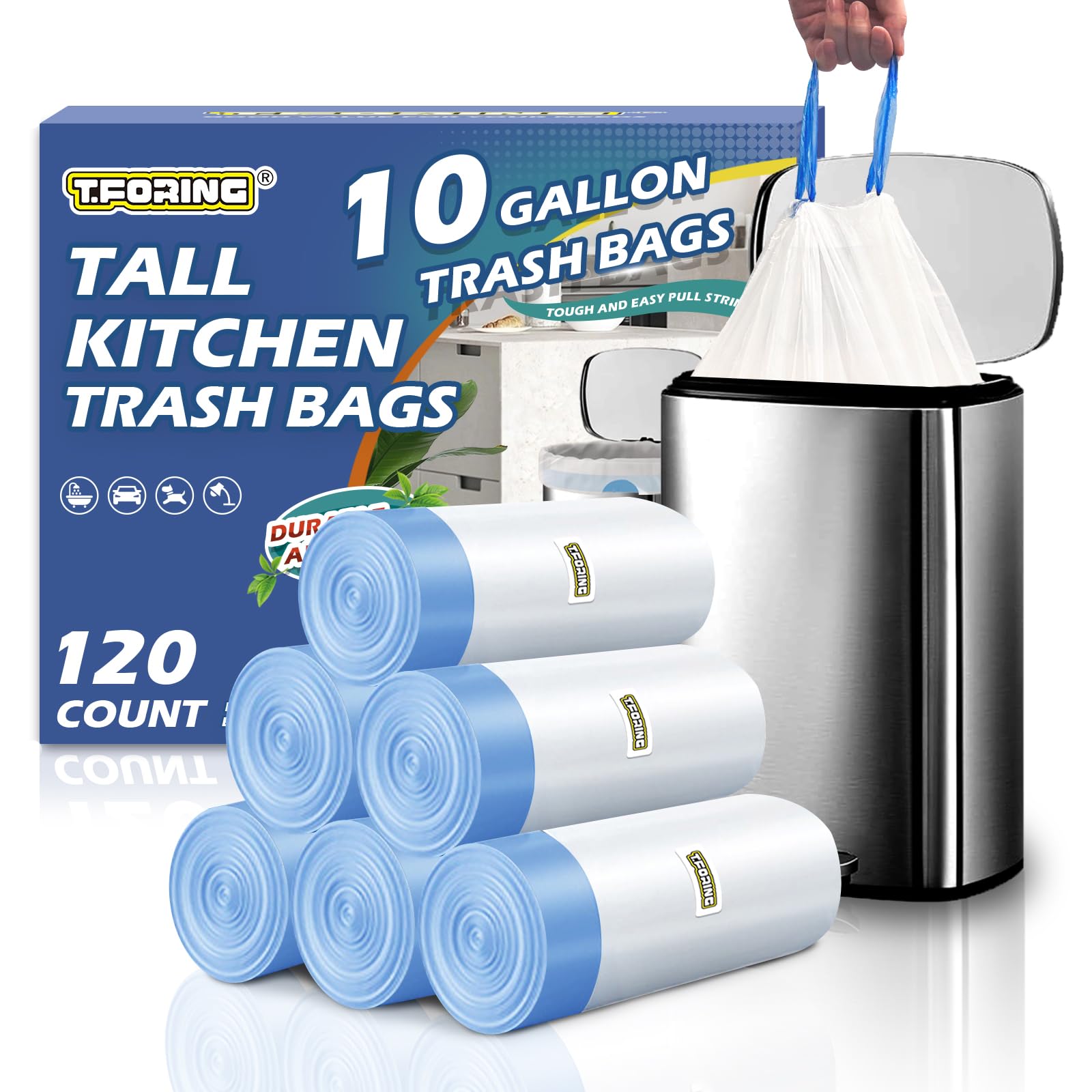 T.FORING 10 Gallon Trash Bags with Drawstring - 120 Count Heavy Duty 1.2 Mil Garbage Bags 38 Liter Unscented White Kitchen Bin Liners for Home &