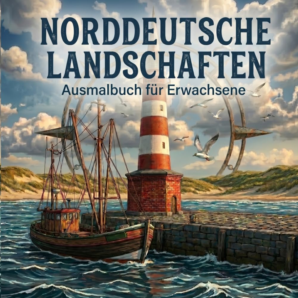 Norddeutsche Landschaften: Ausmalbuch für Erwachsene: 45 detailreiche Ausmalmotive – Leuchttürme, Hansestädte, Küste, Natur & maritime Szenen