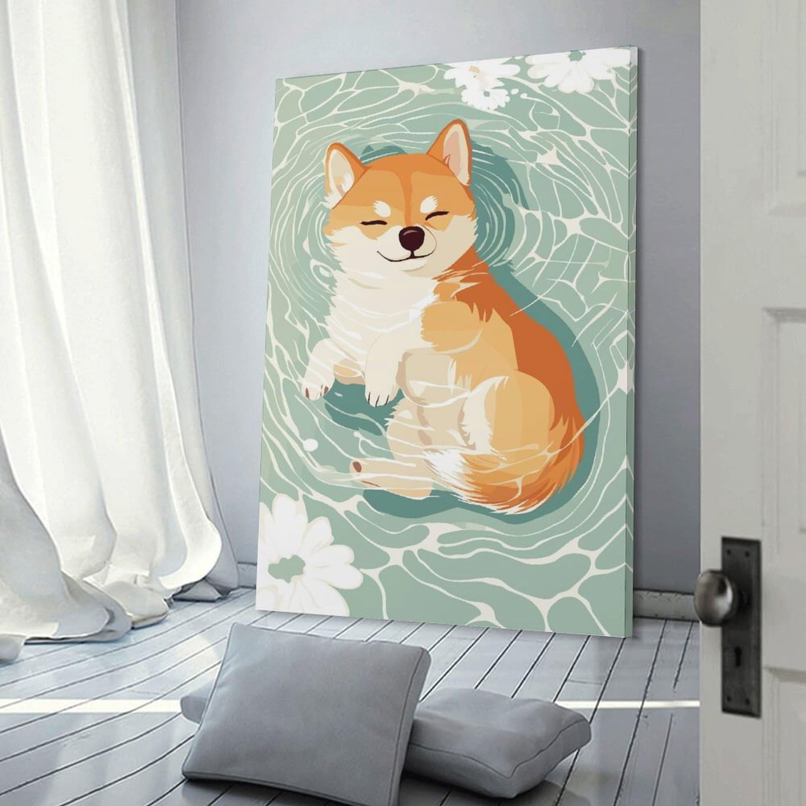Junmoney Shiba Inu Floating in Water Decorative Wall Artwork 24x36inch(60x90cm), for Home Lounge, Bedroom Or Reading Nook, Easy Decor for Gallery Walls