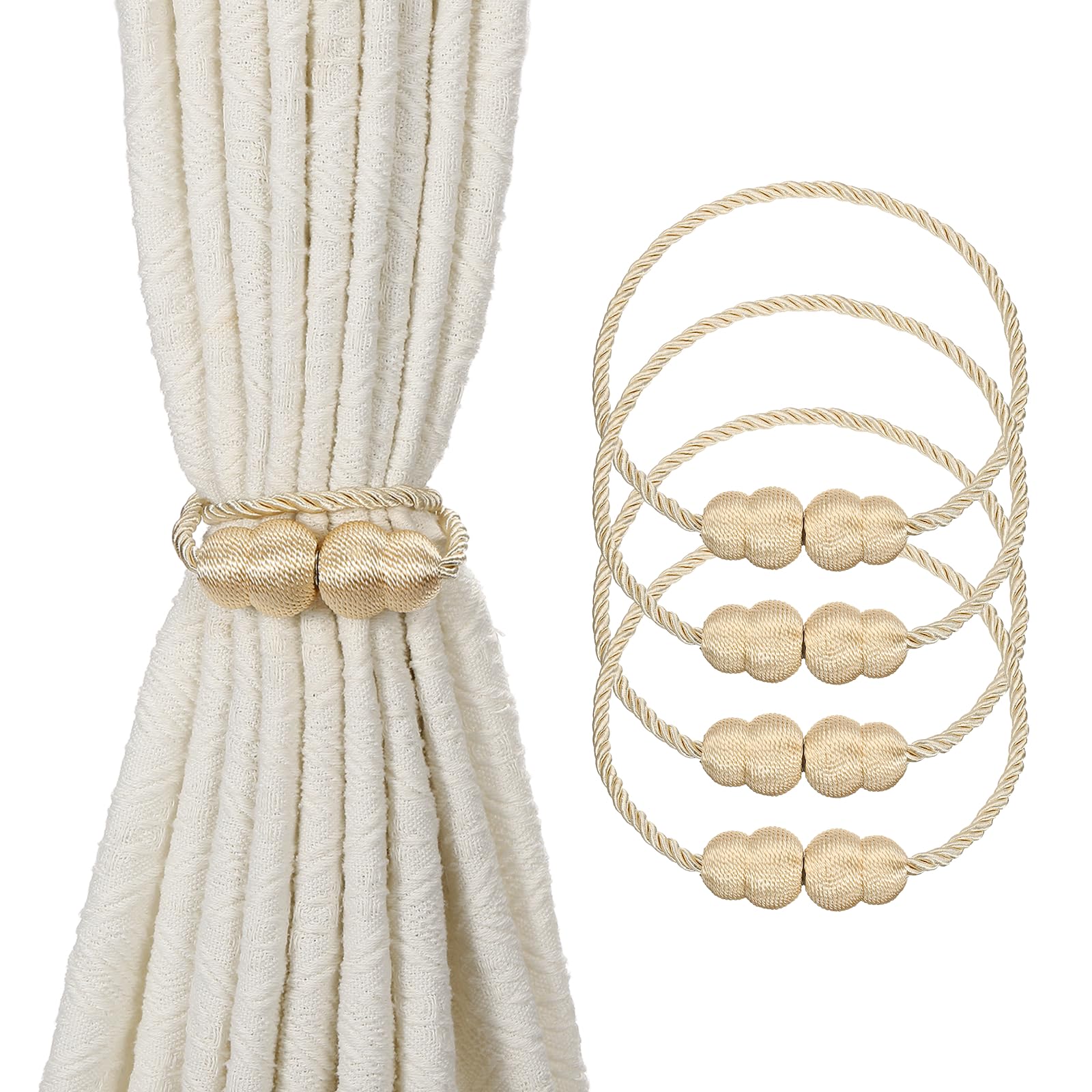 sourcing map 4Pcs Magnetic Curtain Tiebacks, Elegant Weave Curtain Tie Backs Decorative Window Treatment Holdbacks for Drape Home Bedroom Living Room Office Decoration, Beige