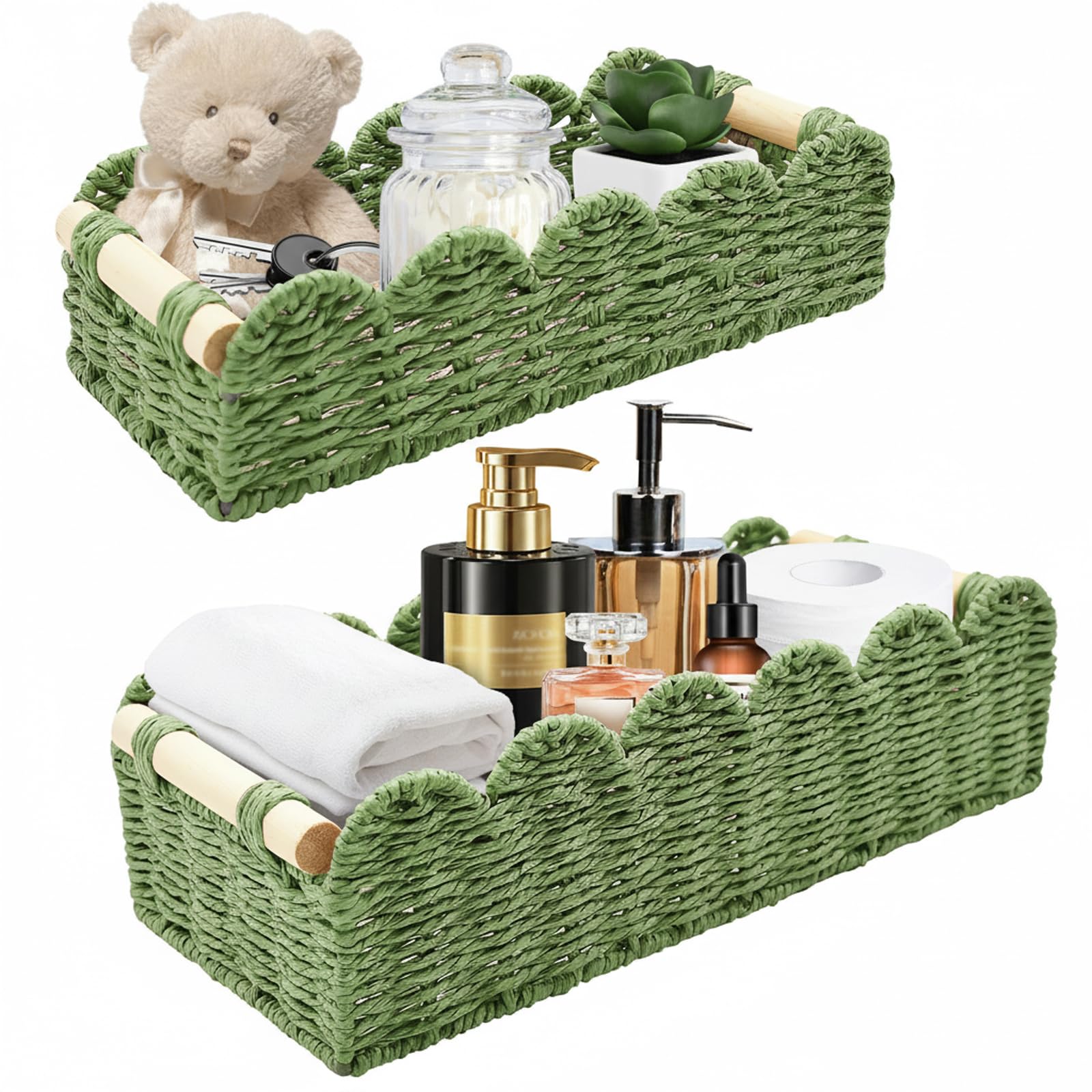 Set di 2 Cestino Portaoggetti, Cesto Vimini Portaoggetti Intrecciato con Maniglia,Organizer Bagno, Impilabile Cestini Stoccaggio Organizer Fasciatoio per Cameretta Salotto Bagno (Verde)
