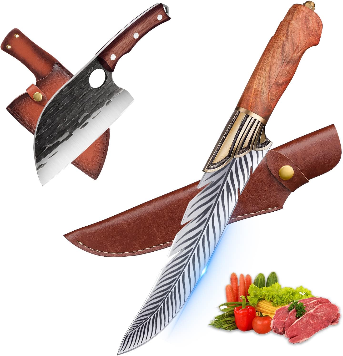 6.5" Feather Knife Serbian Chef Knife Set Forged in Fire Boning Meat Cleaver Knife High Carbon Steel Kitchen Cleaver with Sheath for Outdoor Camping BBQ Collection Christmas Gift Men