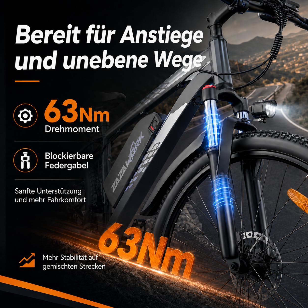 ZAZAWORK E Bike Mountainbike Herren 29 Zoll, Elektrofahrrad Pedelec 250W, 48V 20Ah Akku bis 120 km, Damen, mit 21-Gang-Schaltung, 63Nm, hydraulischen Scheibenbremsen, App, Offroad