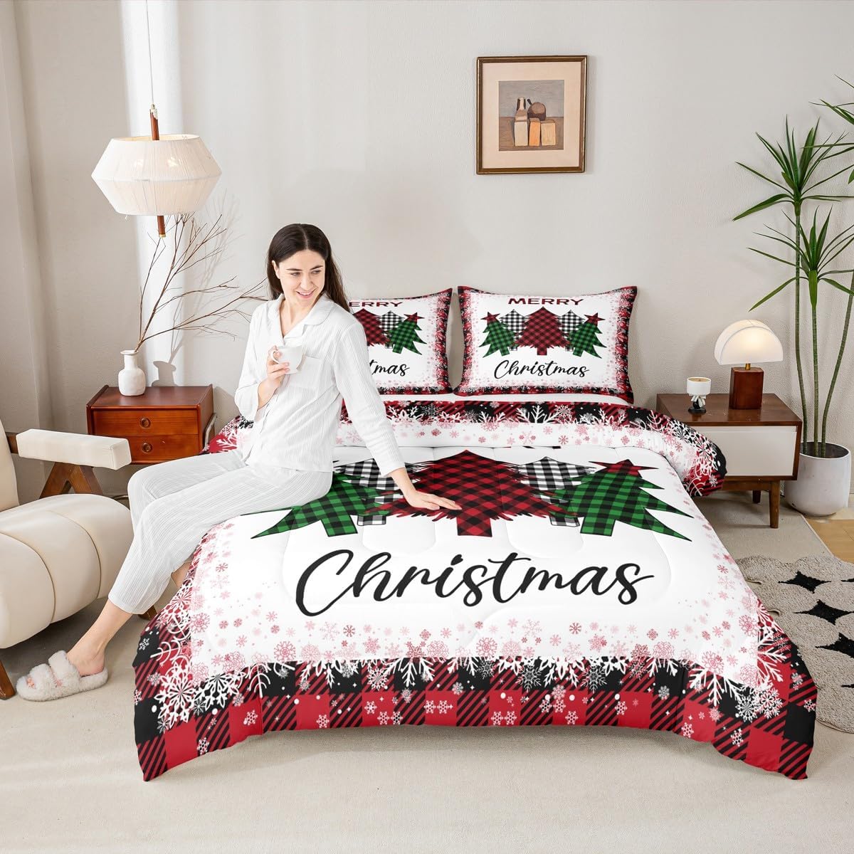 Christmas Plaid Tree Comforter Set Full Size,Red Green Black Grid Bedding Set for Kids Girls Teens Women Winter Room Decor,Fantasy Snowflake Quilt Vintage Chic Duvet Insert,2 Pillowcases