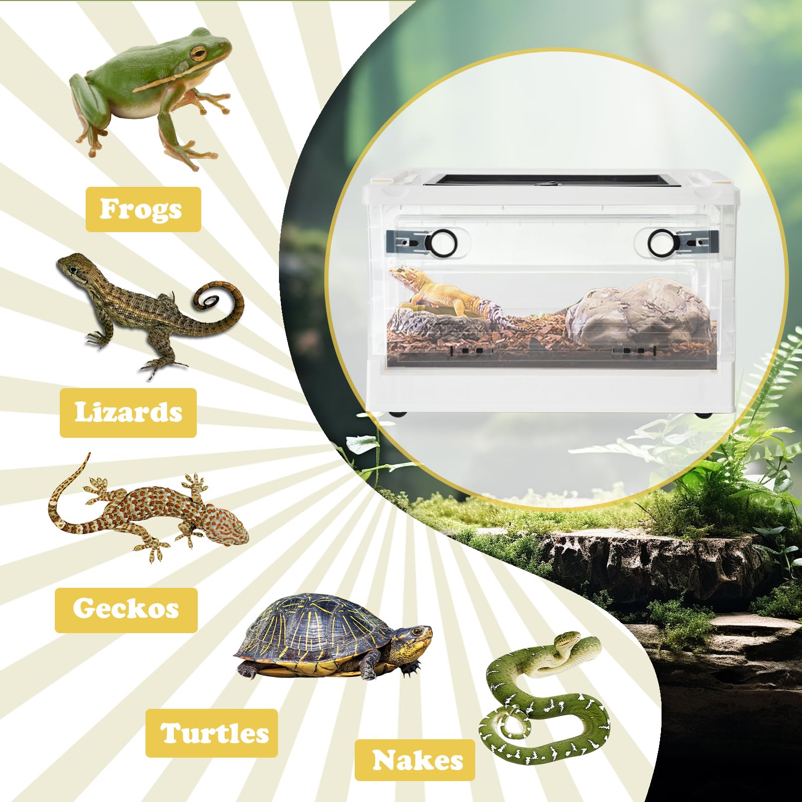 PINVNBY Plastic Reptile Feeding Box with Wheels,Reptiles breeding Enclosure Cages Transparent Amphibians Habitat Terrarium Tank Portable Transport Container for Lizard,Bearded Dragon(White)