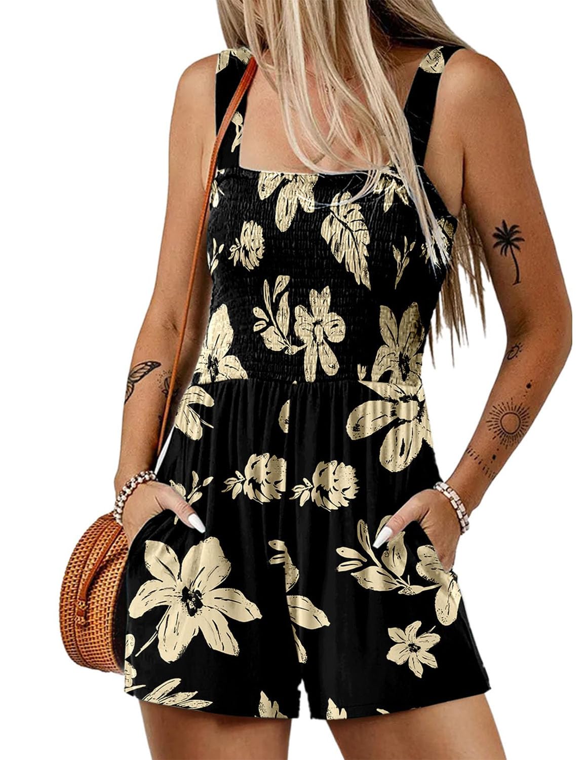Combinaison Femme Ete Combishort Encolure Carrée sans Manches Courte Boheme Motif à Fleurs Jumpsuit avec Poche