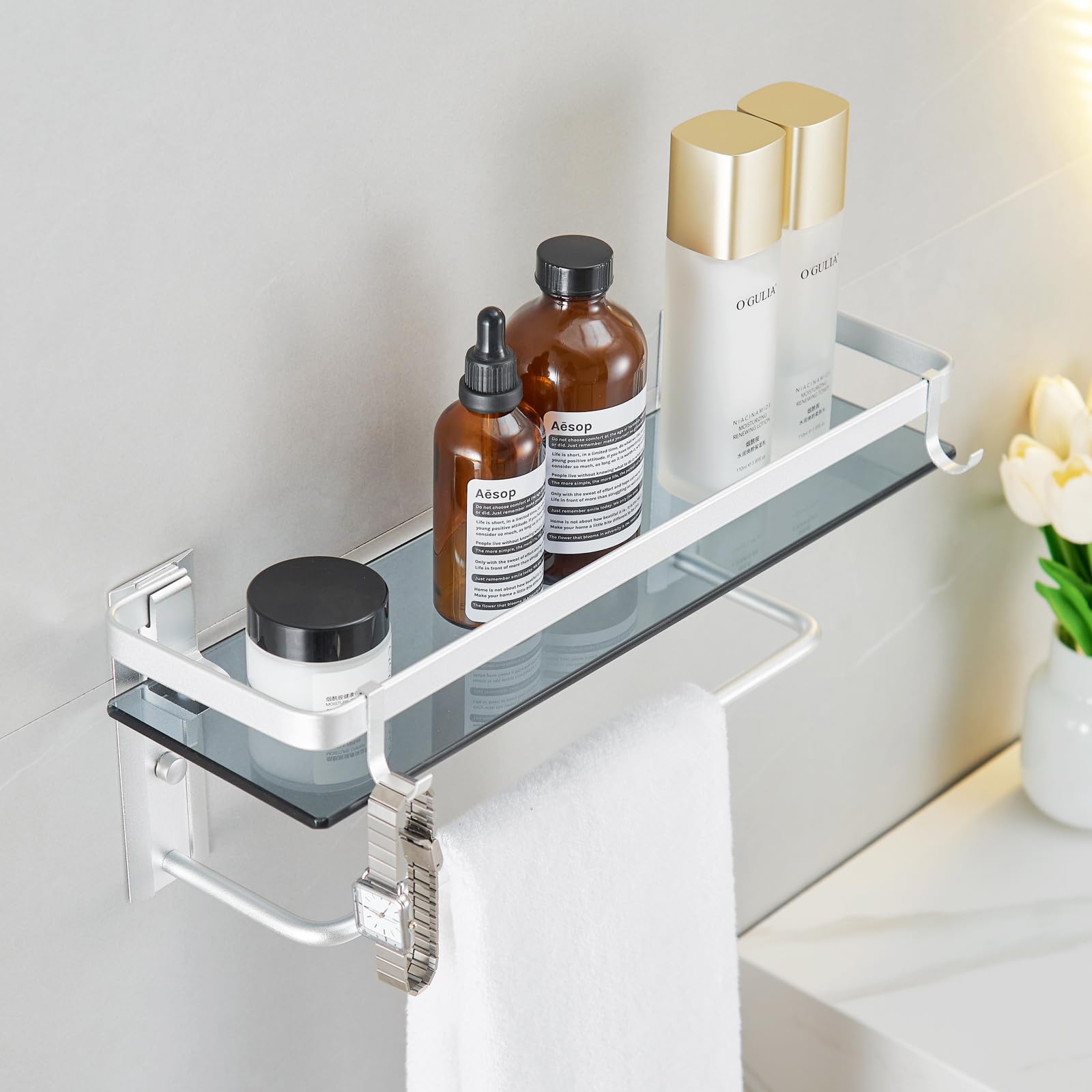VOLPONE Glass Bathroom Shelf 15.7 in Bathroom Wall Shelf with Towel Holder Tempered Glass Shelf Wall Mount with 2 Removable Hooks Silver（1 Tier）