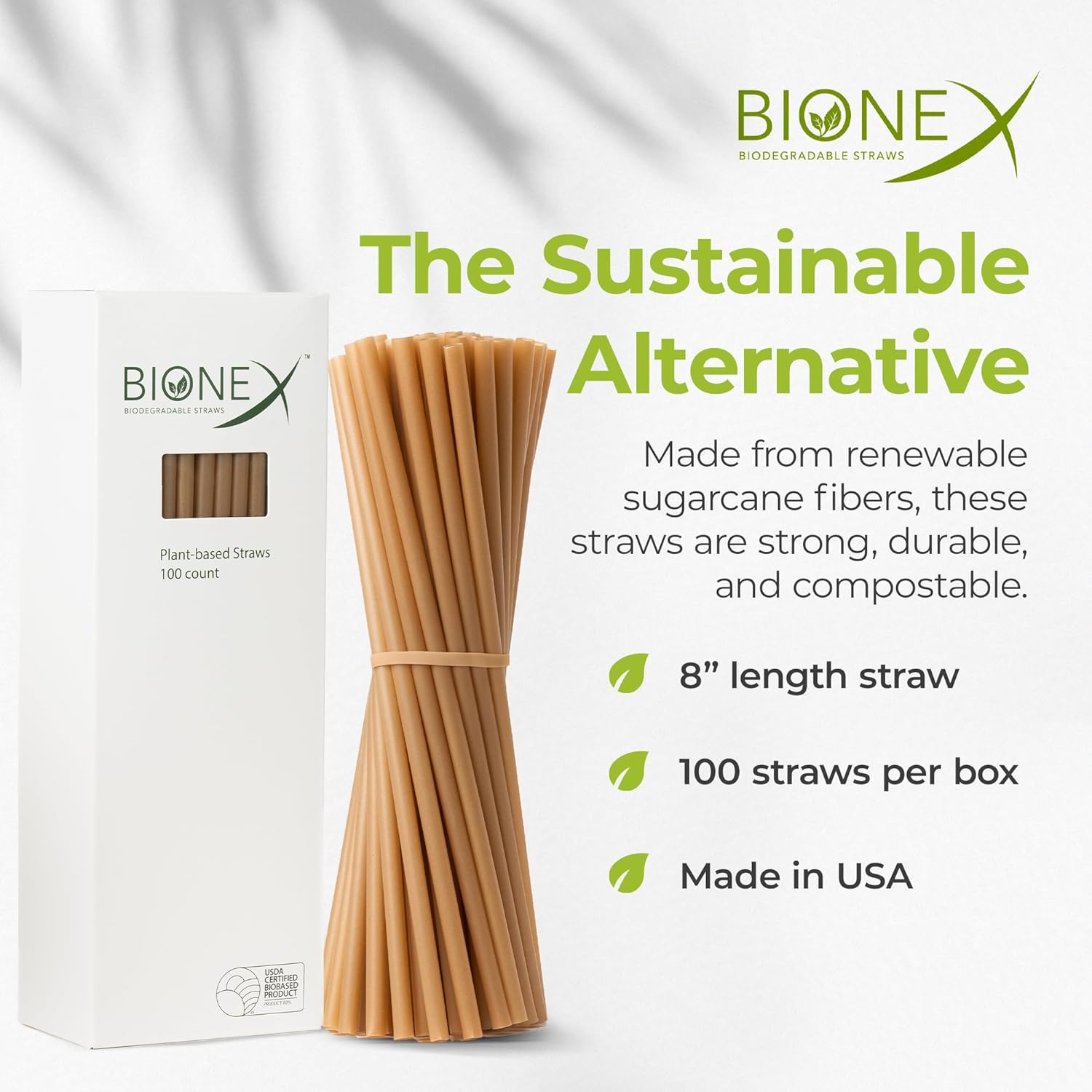 Bionex Sugarcane Straws Disposable 8 Inch, 1000 Count Unwrapped Straws, Plant Based Plastic Straws Alternative, US Manufactured Bulk Case for Cold Drinks
