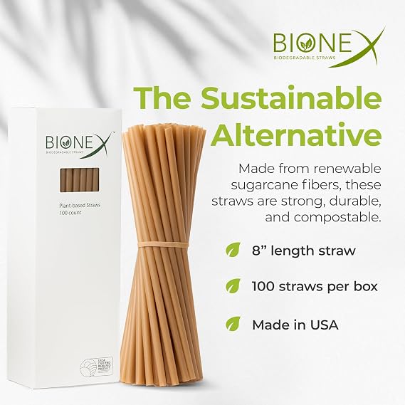 Bionex Sugarcane Straws Disposable 8 Inch, 1000 Count Unwrapped Straws, Plant Based Plastic Straws Alternative, US Manufactured Bulk Case for Cold Drinks