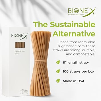 Bionex Sugarcane Straws Disposable 8 Inch, 1000 Count Unwrapped Straws, Plant Based Plastic Straws Alternative, US Manufactured Bulk Case for Cold Drinks