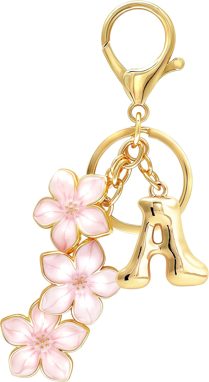 Gold Bubble Letter Keychain, Initial Bag Charms for Handbags, Cute Flower Purse Accessories for Women, Monogram Gift