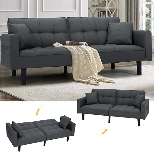 Miniatura 10 de AVAWING 74" Faux Leather Futon Sofa Bed with Adjustable Backrest 3 in 1 Convertible Futon Couch with 2 Square Pillows & Side Pockets Modern Loveseat