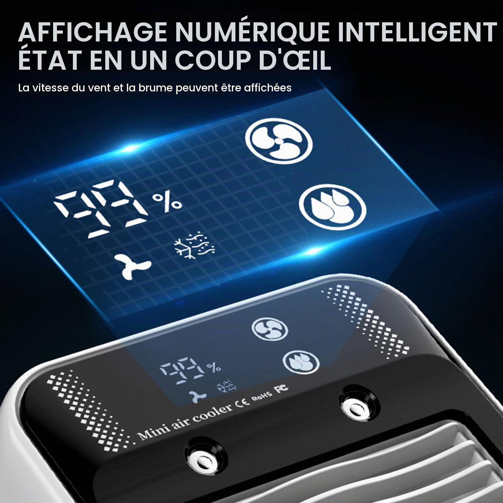 Mini Rafraîchisseur d’Air Bureau USB Rechargeable avec Brume | Batterie 3000mAh, brumisation, affichage digital, poignée, 2 modes d’air, moins de 55dB, format compact.
