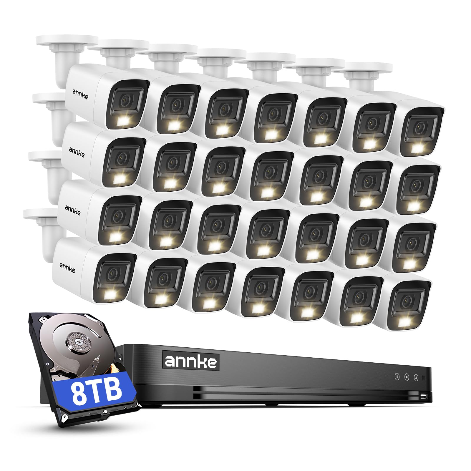 ANNKE 32-kanałowy rejestrator 3K Lite DVR z funkcją rozpoznawania ruchu AI i dyskiem twardym 8 TB, analogowa kamera bezpieczeństwa 28 x 1080p z inteligentnym noktowizorem kolorów, IP67 przewodowa