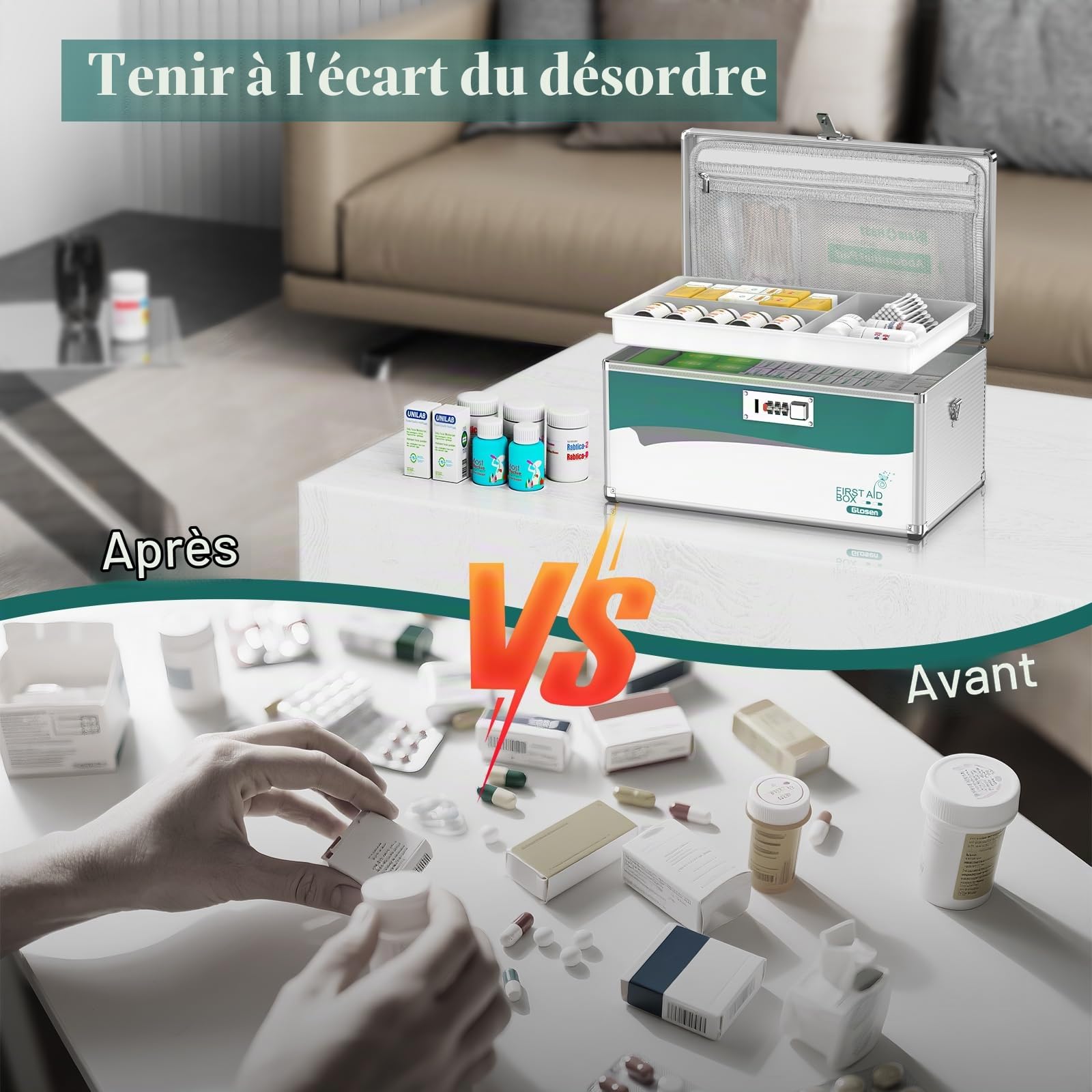 Glosen Boîte à Pharmacie avec code, Boîte de Rangement Médicale, Boite Medicaments à serrure à combinaison, Coffre de Rangement Medicament à serrure combinée Verrouillable