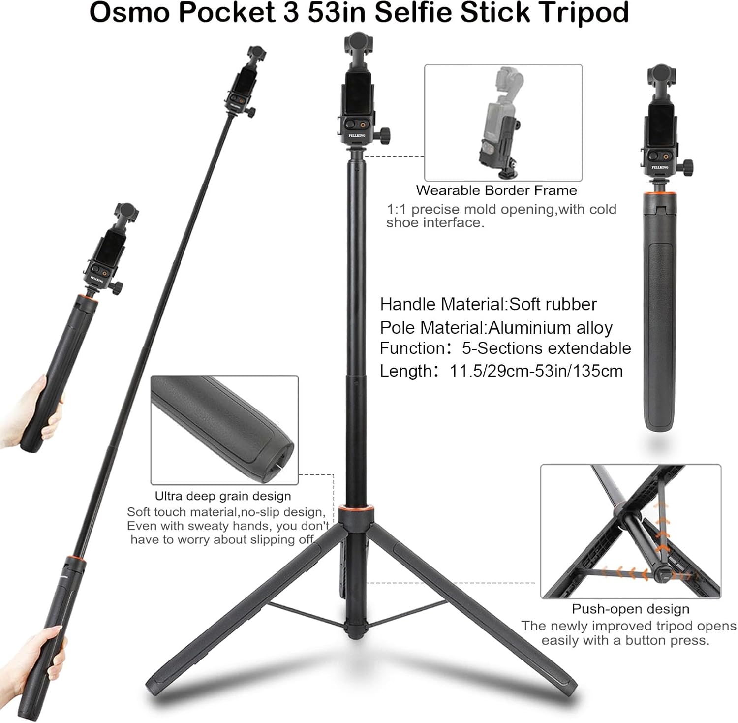 PellKing Accessories Kit for Osmo Pocket 3/Xtra Muse,Included Carrying Case with Belt,135cm Selfie Stick Tripod,Suction Cup,Magnetic Mount,4 Pcs Body Strap Mount,Silicone Base,Mini Tripod and Others