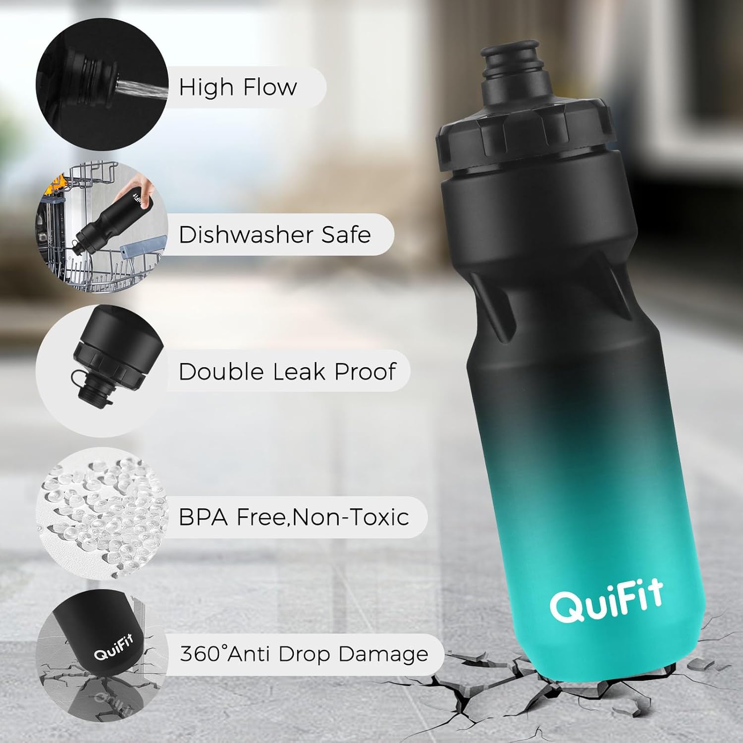 QuiFit Squeeze Water Bottle 2-Pack, Leak Proof Mountain Bike Water Bottle Plastic with Dust Cover, BPA Free, Fits Most Bike Cup Holders, for Outdoors, Riding, Gym(Black+Black Green, 24oz) - Image 6