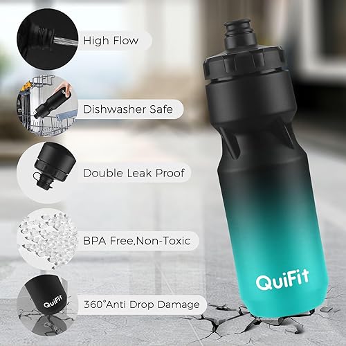 Miniatura 6 de QuiFit Paquete de 2 botellas de agua exprimibles para bicicleta de montaña, a prueba de fugas, con cubierta antipolvo, sin BPA, se adapta a la