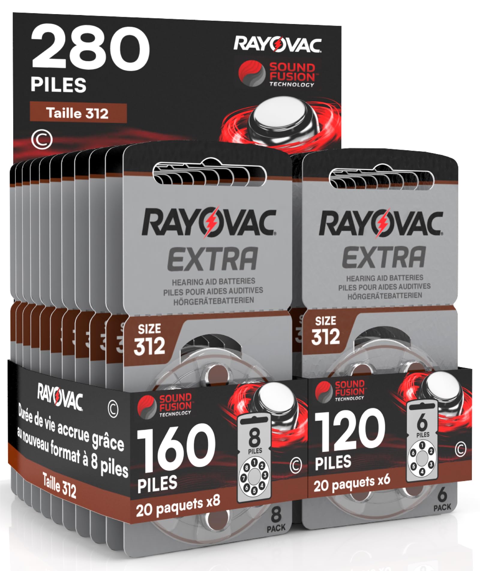 280 Rayovac Extra Size 312 PR41 (Brown) Hearing Aid Batteries Rayovac Extra Size 312 PR41 (Brown) - 20 blisters de 8 et 20 blisters de 6 Piles