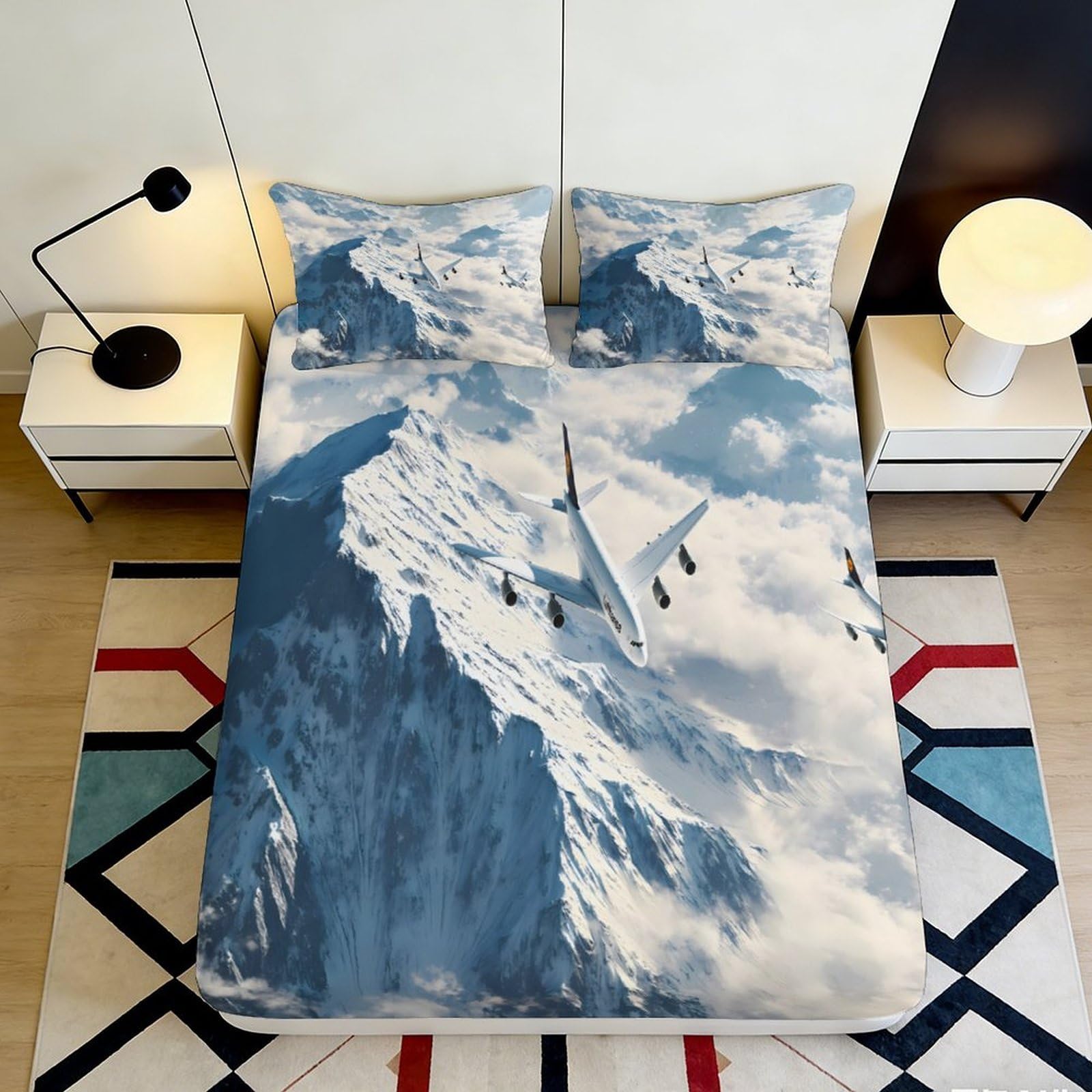 Jqzkxnhpbr Style-1 3D Printed Mountain Landscape Fitted Sheet Microfiber Soft Blue Snowy Peaks Bed Cover For Bedroom Dorm Decor Protection 90X200x25cm