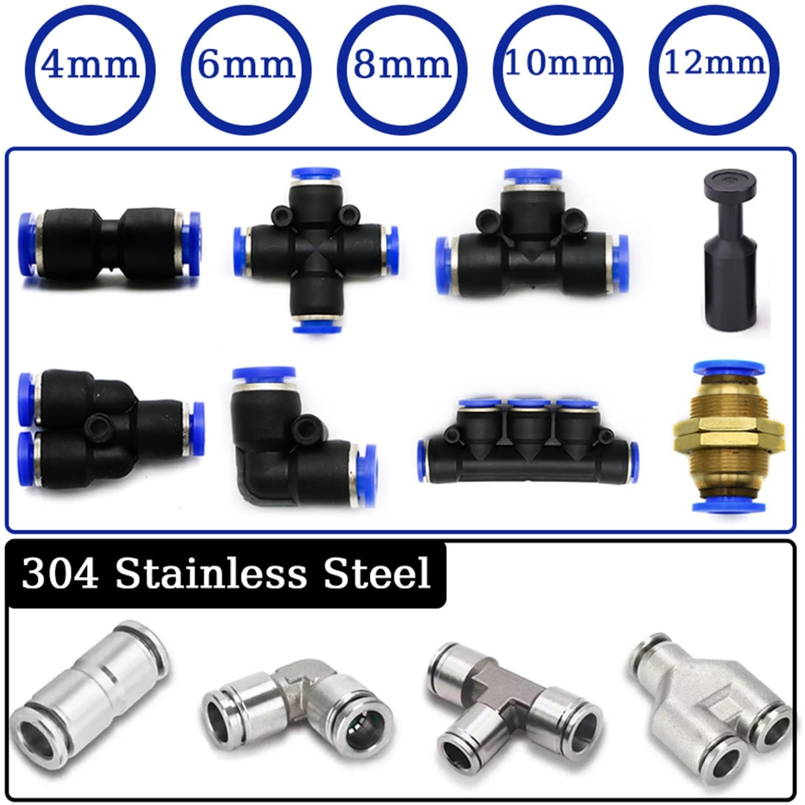 50pcs Air Pneumatic Fittings 6mm Fitting PU PV PY PE PM PK 304 Stainless Steel Hose Quick Couplings Pipe Connectors(PV)