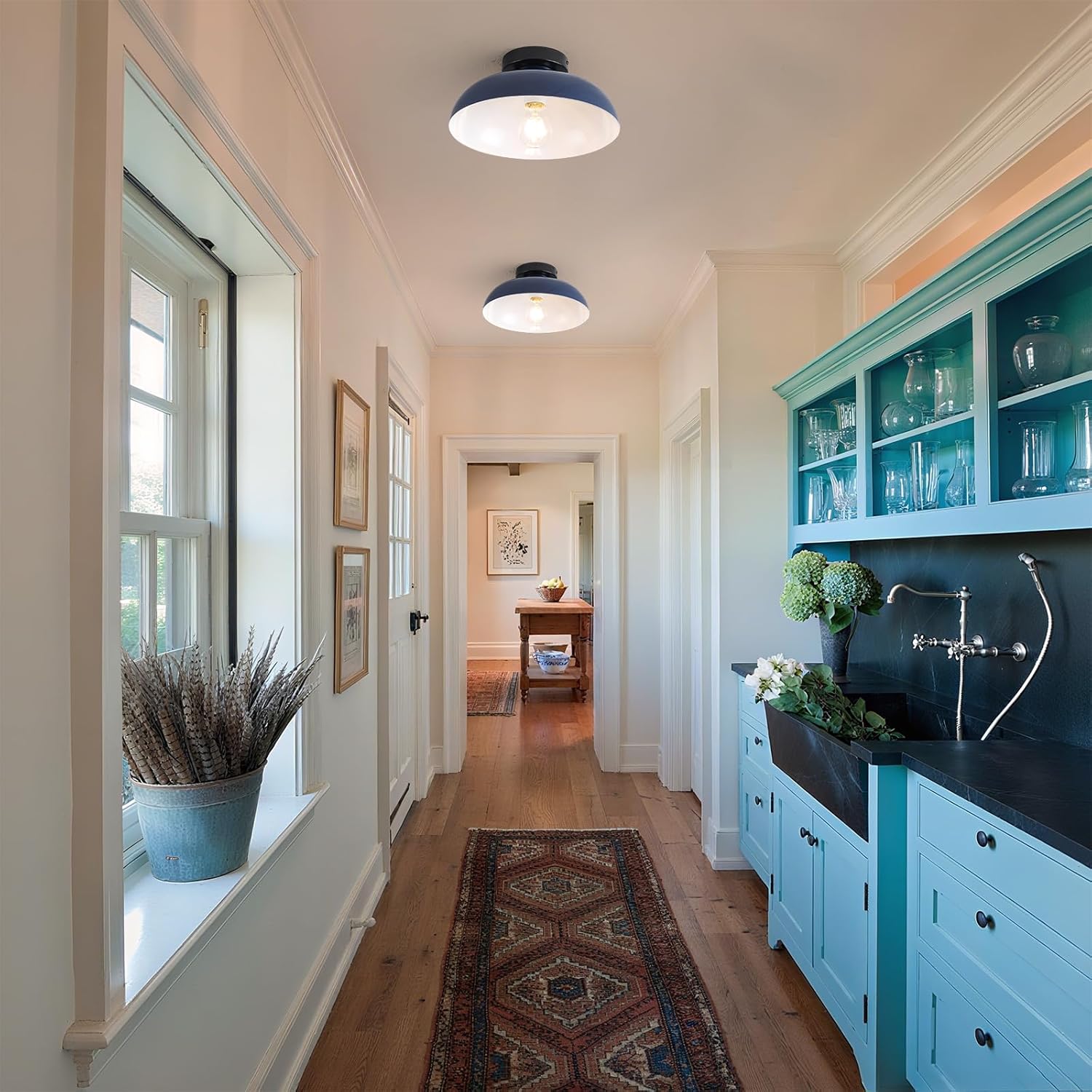 12 Inch Metal Semi Flush Mount Ceiling Light Fixture Industrial Small Ceiling Lights Kitchen Lighting Fixtures Ceiling with Navy Blue Shade for Hallway Entryway Bedroom Foyer Bathroom Laundry Room