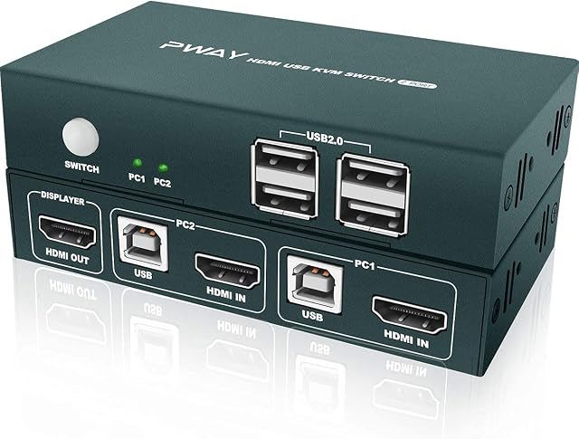 KVM Switch HDMI 2 Port Switches, Support UHD 4K @ 30Hz, Backward Compatibility, No Power Required, Includes 4 USB 2.0 Hubs and Cables