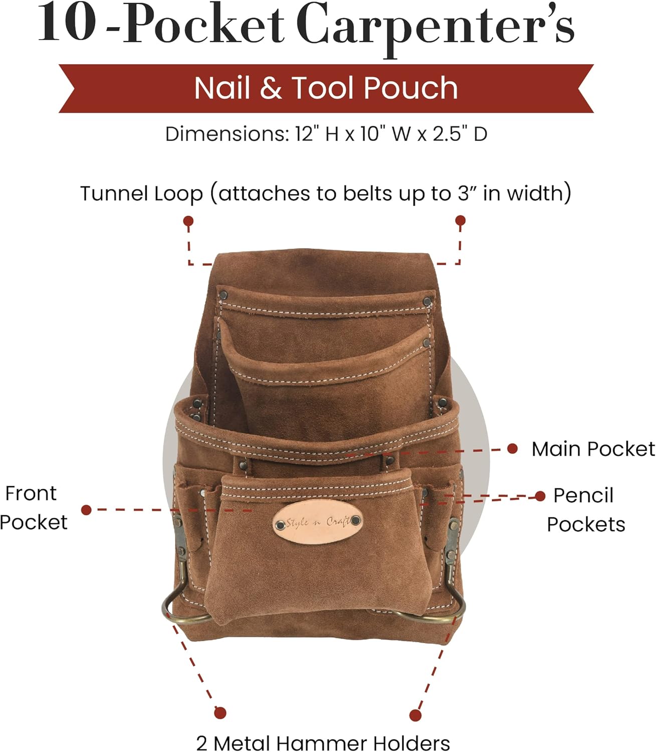 Style n Craft 10-Pocket Carpenter’s Nail and Tool Pouch, Heavy-Duty Suede Leather Pouch, Dark Tan (88923)