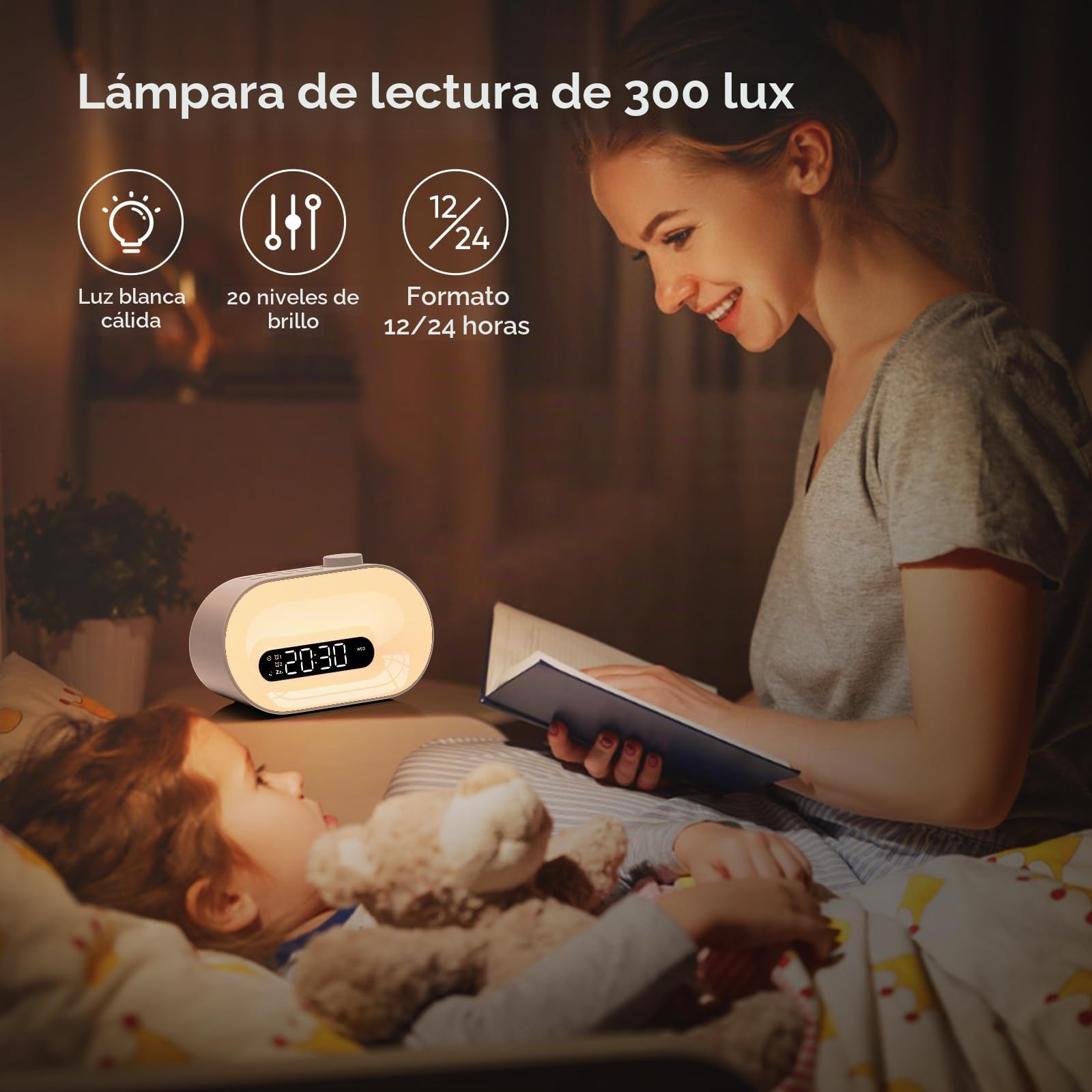 Reloj despertador de amanecer, máquina de ruido blanco con 30 sonidos relajantes, 14 luces nocturnas, 0-100% de atenuación, alarma dual, temporizador, lámpara de noche digital para niños, adolescentes