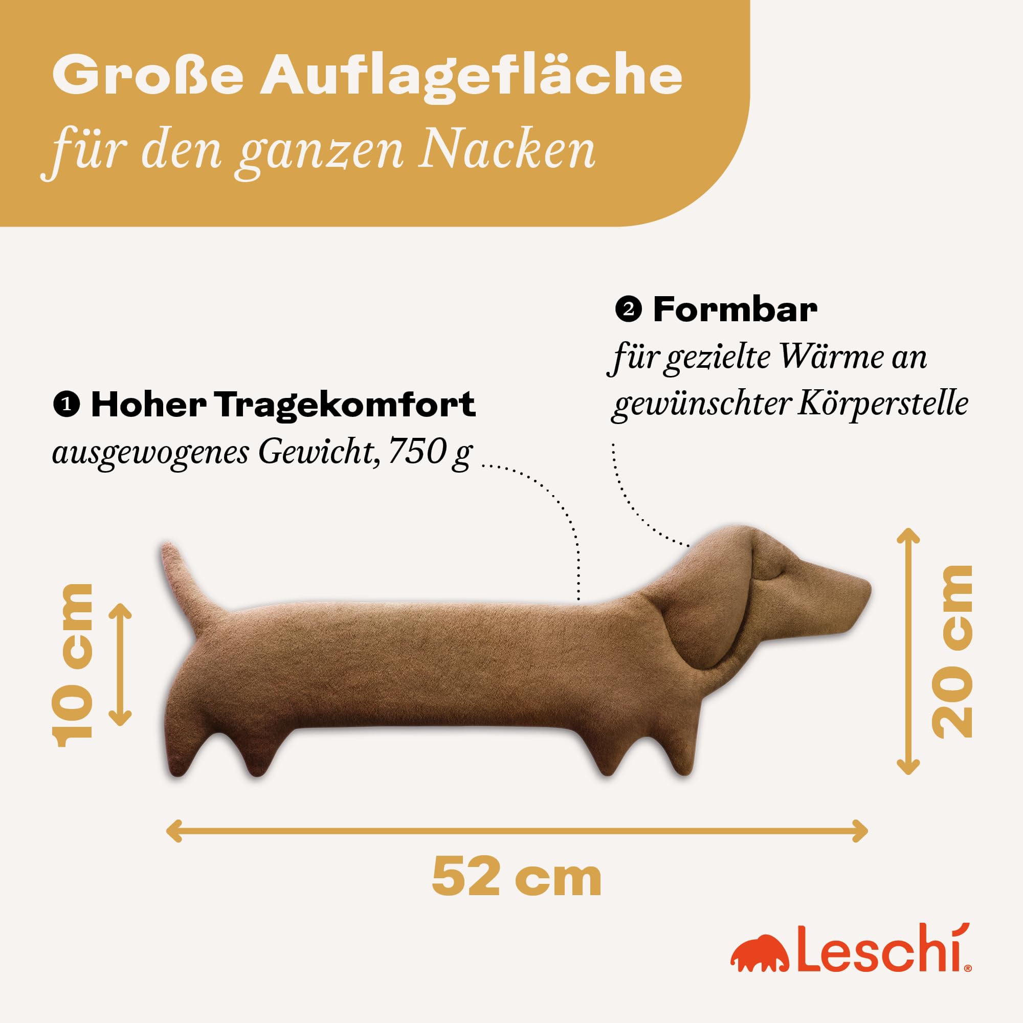 LESCHI Wärmekissen für Mikrowelle (52x20 cm), aus 100% Bio Baumwolle und Bio Weizen, Hund Braun, Körnerkissen, Nackenwärmer ideal als Wärmespender und zur Entspannung von Rücken Schulter Nacken Hals