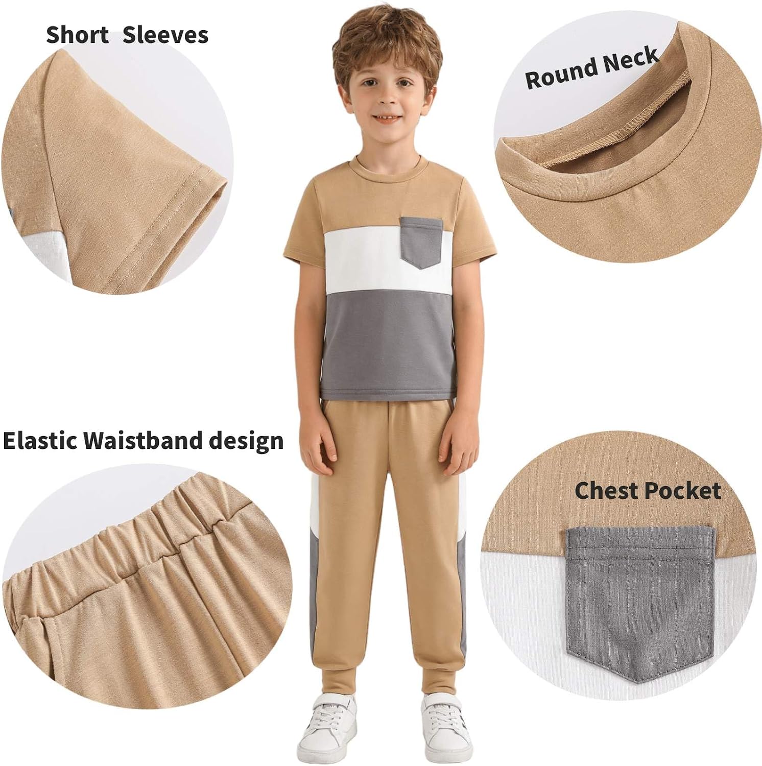Boys Girls Summer Clothes 2 Piece Set Color Block T-Shirt Casual Elastic Waist Pants for Kids 4-9 Years