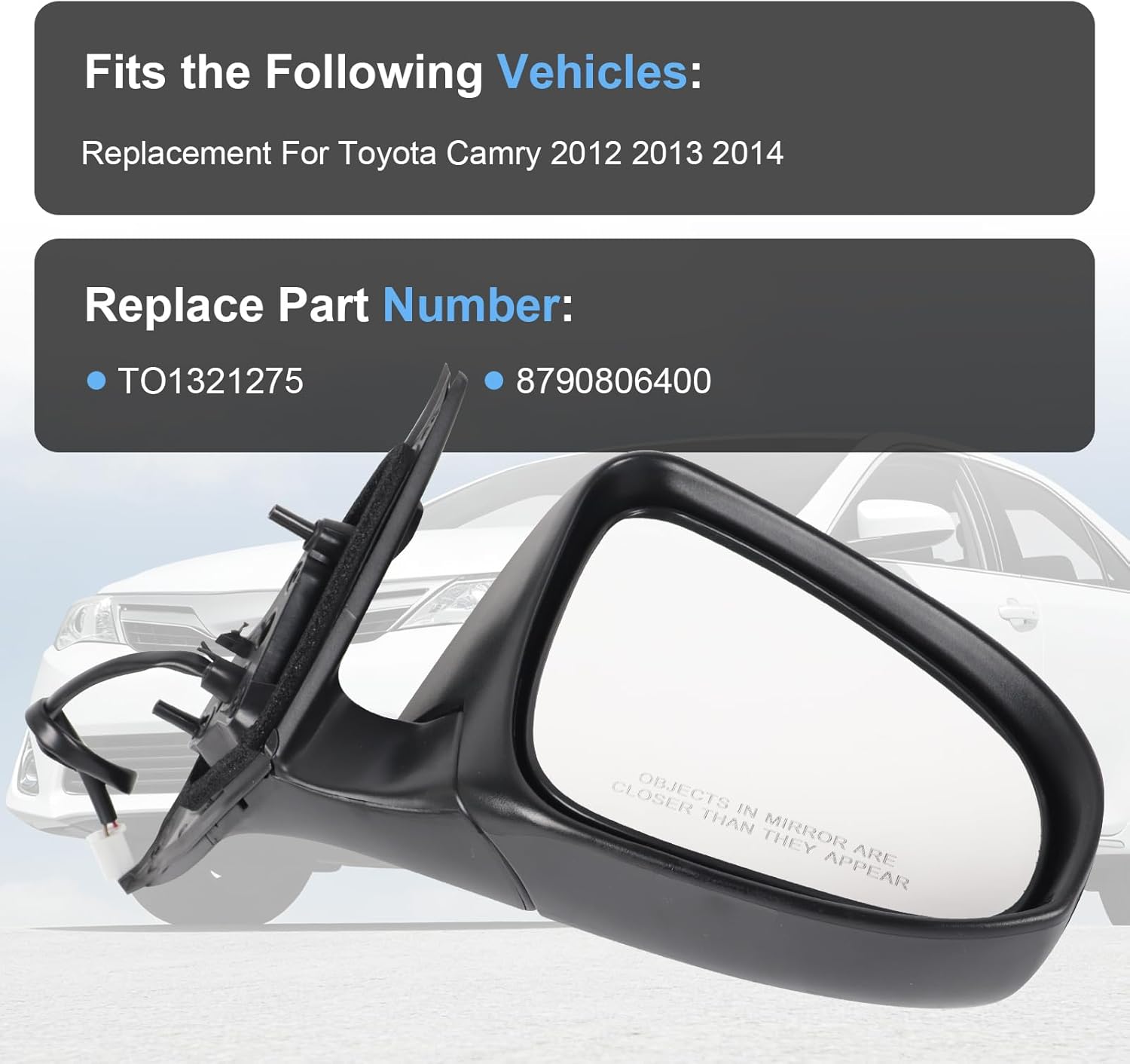 Door Mirror Right Passenger Side Replacement For Toyota Camry 2012 2013 2014, Replace TO1321275 8790806400, Black 3PINS