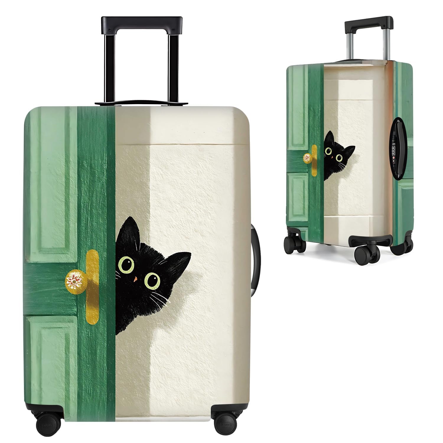 Black Cat Peeking Door Luggage Cover – Stretchable Travel Suitcase Protector for 24-26 Inch Luggage – Whimsical Green Door and Beige Wall Design,M