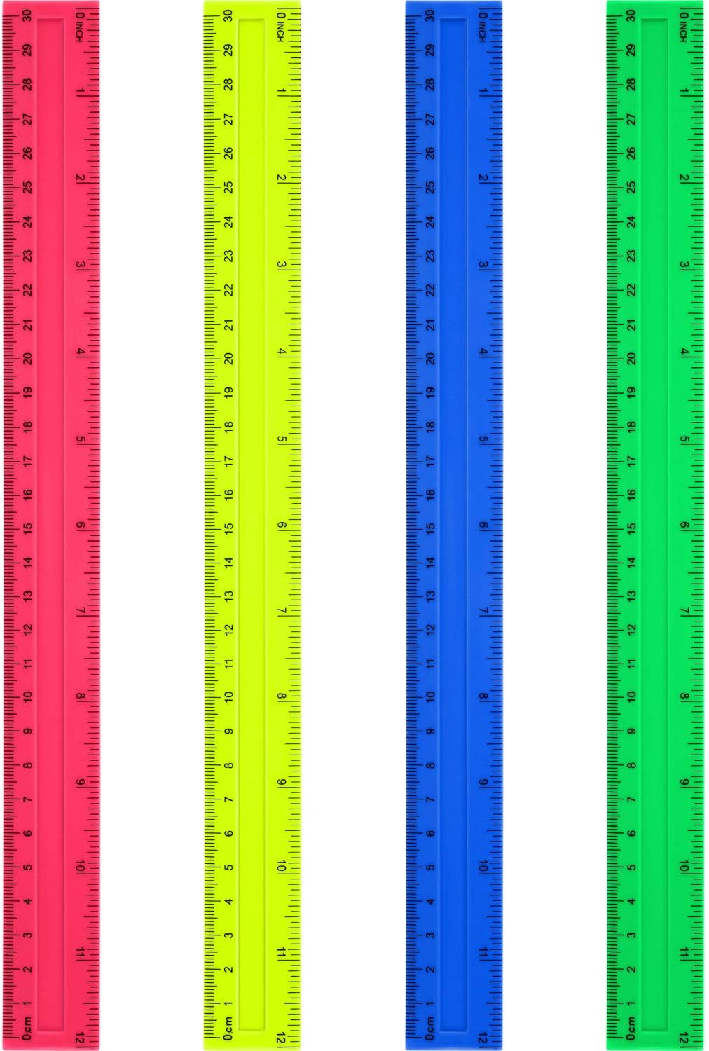 4 Packs Plastic Straight Rulers Plastic Rule Measuring Tool for Student School Office (12 Inch, Colorful)