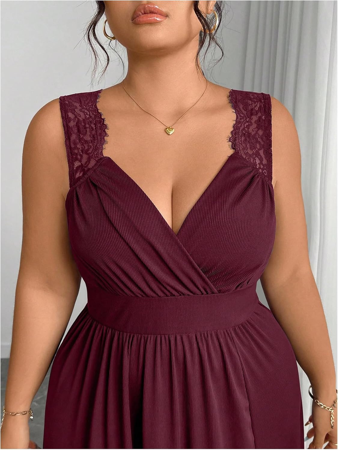 OYOANGLE Women's Plus Size Lace Trim Sleeveless Maxi Dress Wrap V Neck High Slit Formal Evening Dresses - Image 5