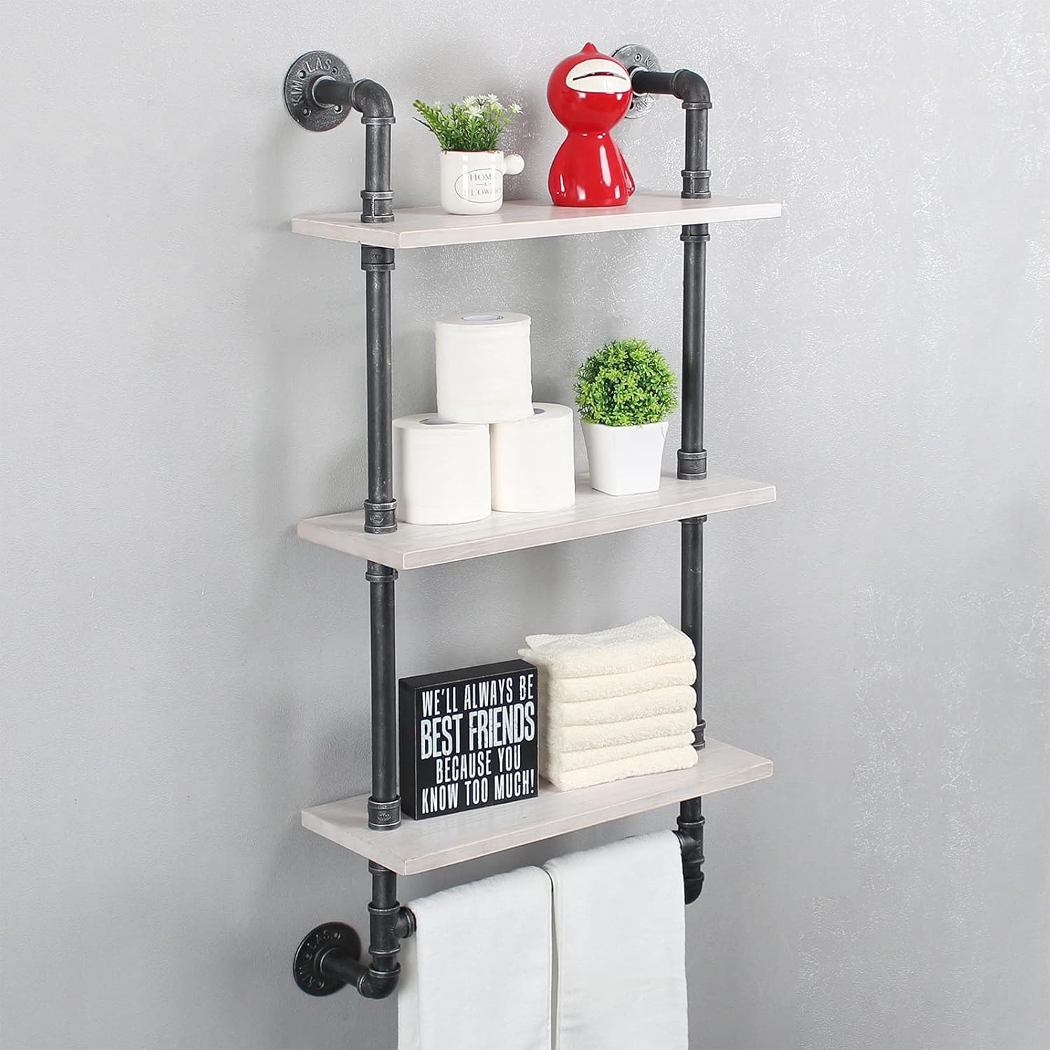 MBQQ Industrial Pipe Shelf Bathroom Shelves Wall Mounted,19.6in Rustic Wood Shelf with Towel Bar,3 Tier Farmhouse Towel Rack Over Toilet,Pipe Shelving Floating Shelves Towel Holder,Retro White 3-Tier Retro White