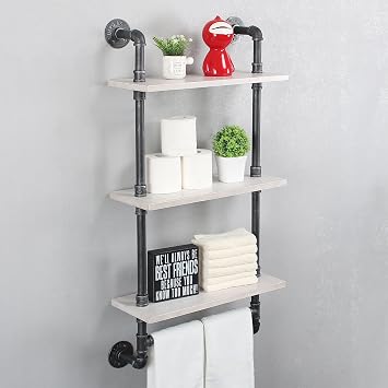 Industrial Pipe Shelf Bathroom Shelves Wall Mounted,19.6in Rustic Wood Shelf with Towel Bar,3 Tier Farmhouse Towel Rack Over Toilet,Pipe Shelving Floating Shelves Towel Holder,Retro White