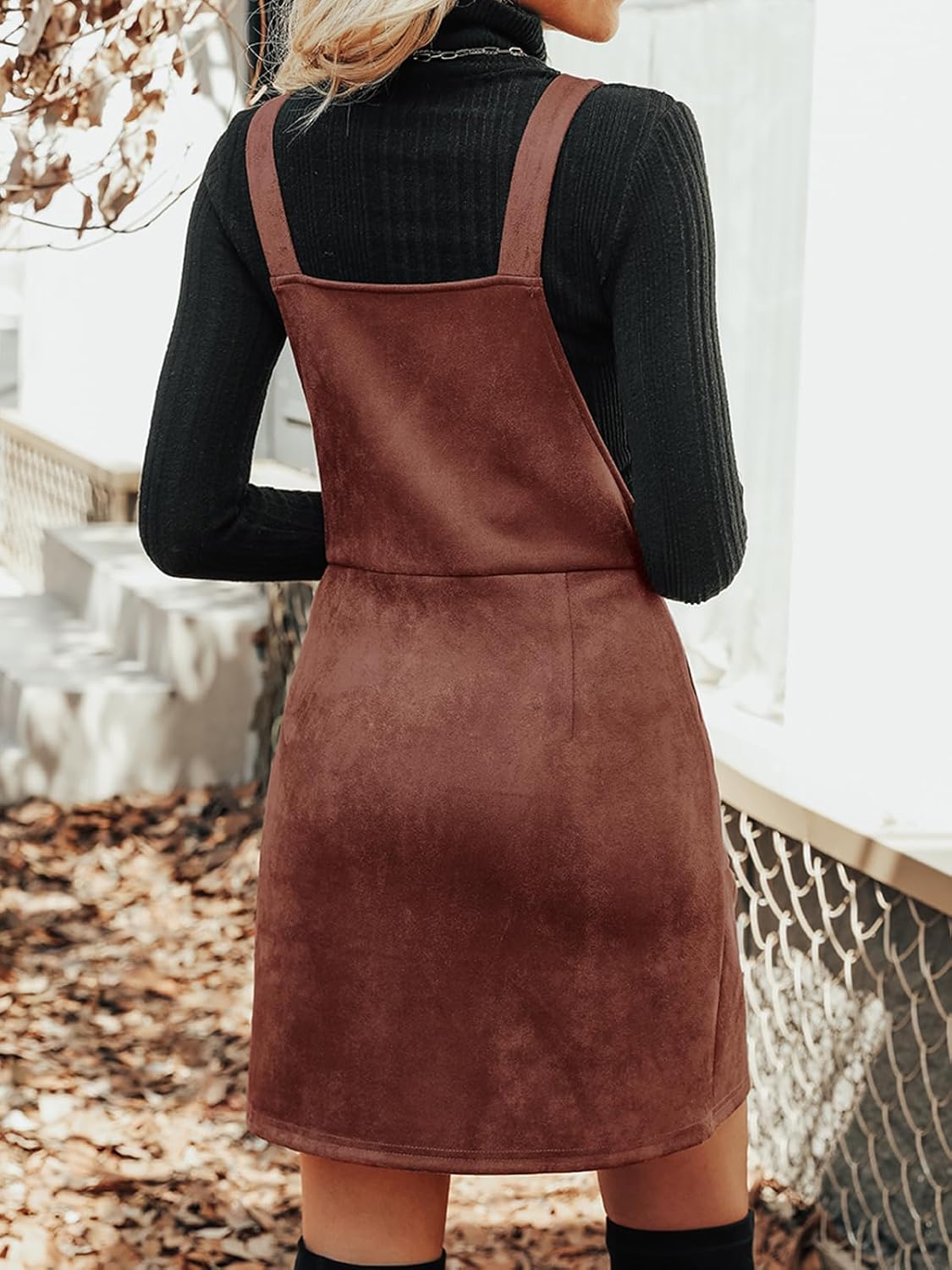 CUPSHE Faux Suede Mini Fall Dresses for Women Square Neck Pull Ring Zipper Front Pockets Wide Straps Casual Autumn Dress - Image 2