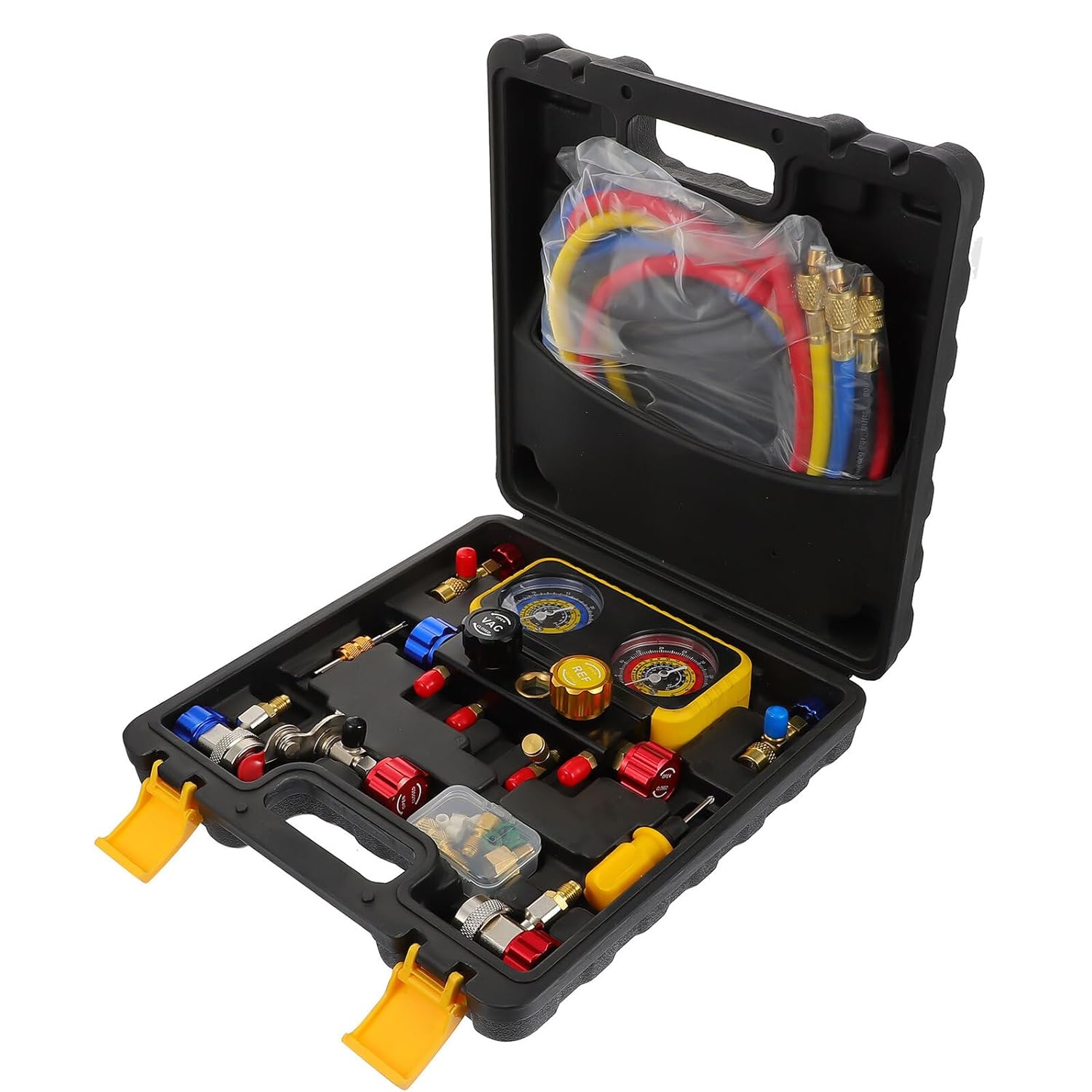 NUOBESTY 4-Way Refrigeration Manifold Gauge Set for -22 R410a R32 R134a Air Conditioning Service with Diagnostic Hoses Kit for HVAC Technicians Random Color