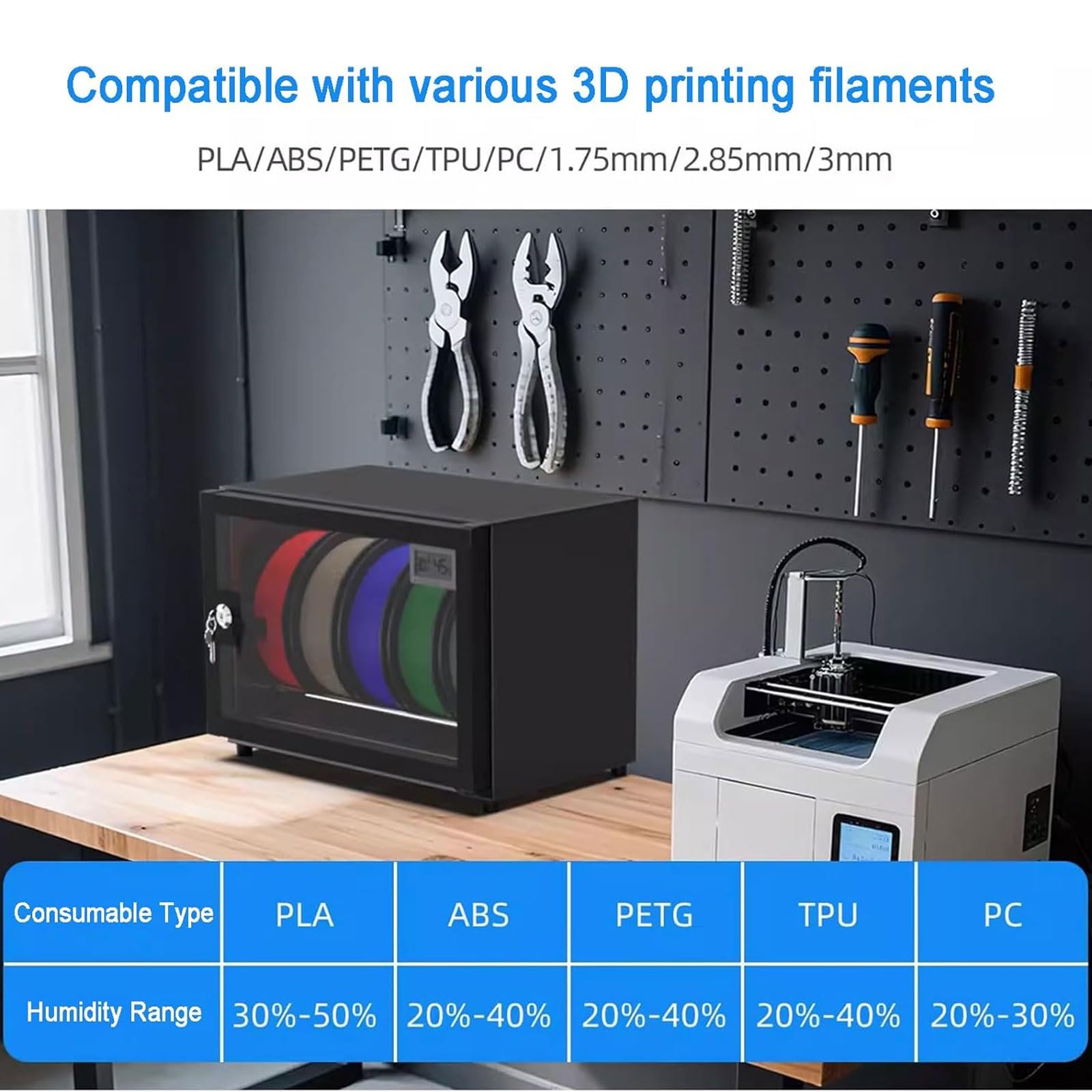 3D Drucker Filament Aufbewahrungsbox, 25L Luftentfeuchter Schrank mit LCD-Display, kontrolliert RH25%-RH60%, hält 5 Rollen für PLA, ABS, PETG, TPU-Filament