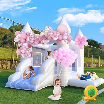 Inflatable Toddler White Bounce House, 9FT White Bouncy Castle with Slide Fun Jumping Bouncy Castle for 3-6 Toddler/Kids Birthday Party Bouncer Oxford Included Pump