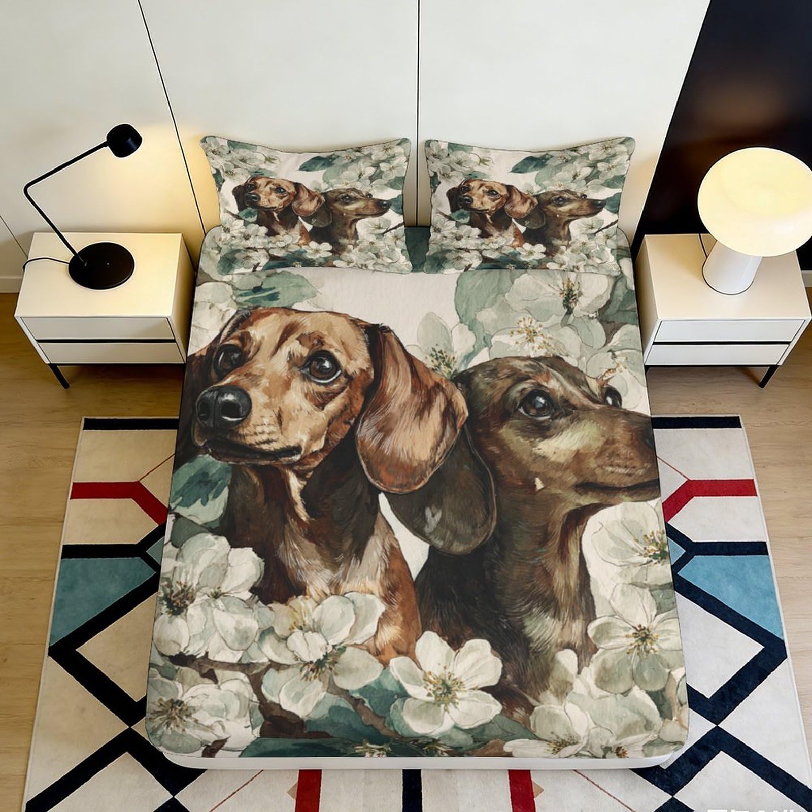3D Printed Sausage Dog Floral Fitted Sheet Microfiber Deep Pocket Bedroom Full Wrap Sausage Dog Mattress Fitted Cover Washable Bedding 200x200x25cm 90x200x25cm