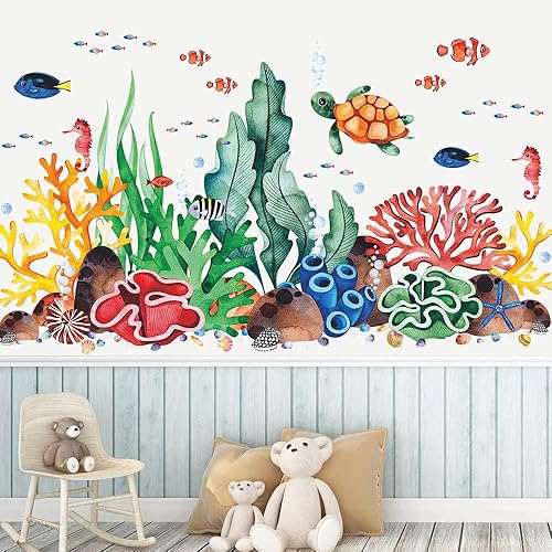 Miniatura 20 de Adhesivo creativo extraíble 3D bajo el mar para pared, diseño de hierba de coral, vida oceánica, despegar y pegar, decoración de pared de peces