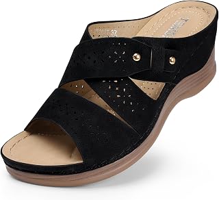 TEMOFON Wedge Sandals for Women Summer: Dressy Low Heel Sandals Black/Navy/White, Comfortable Walking, Arch support, Casua... Price In India