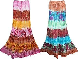 Mogul Interior 2pc Women's Maxi Skirt Tie Dye Multi Flirty Boho Chic Long Summer Skirts M/L Brown,Blue