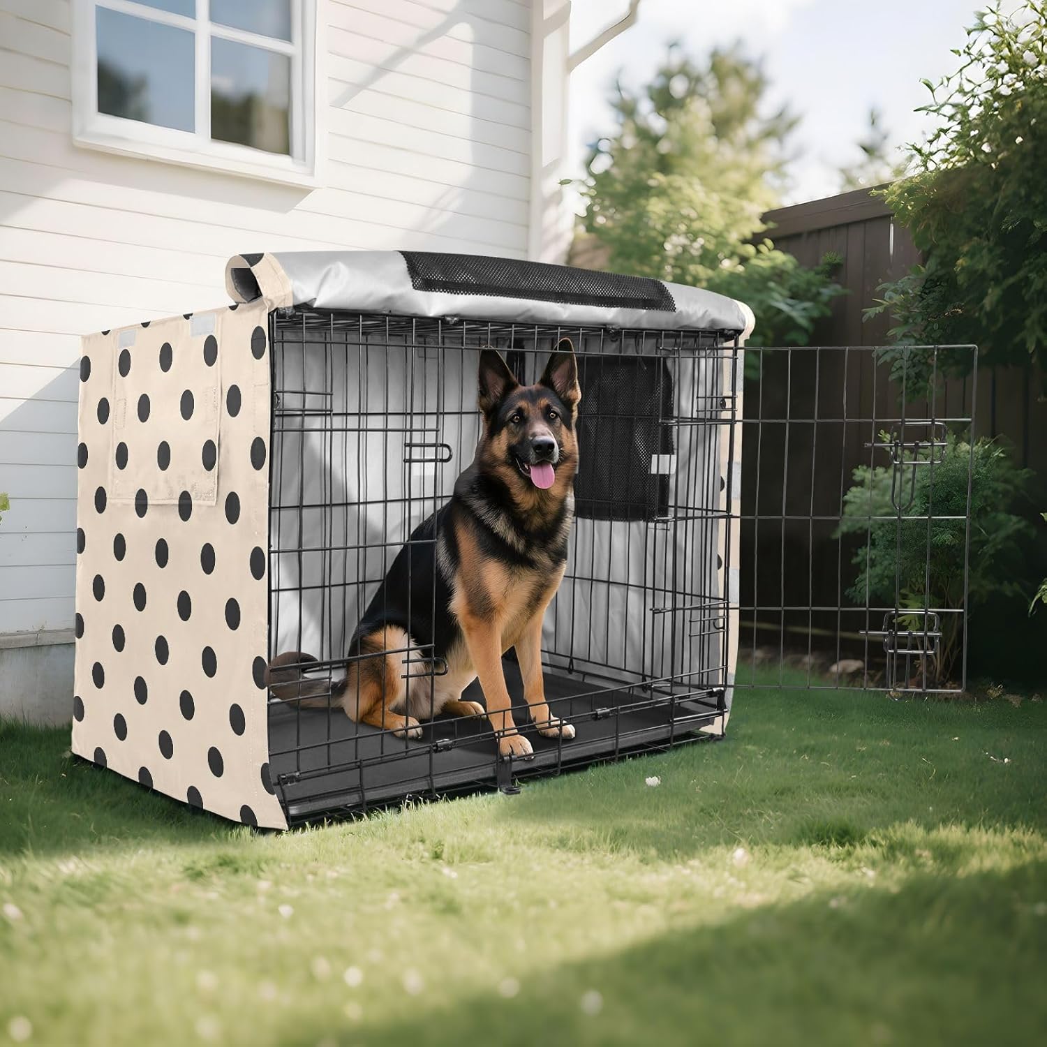 Netural Polka Dots Dog Crate Cover 600D Oxford Pet Kennel Cover with Mesh Window for Dog Cages, Windproof Waterproof Machine Washable, 42"x28"x30"