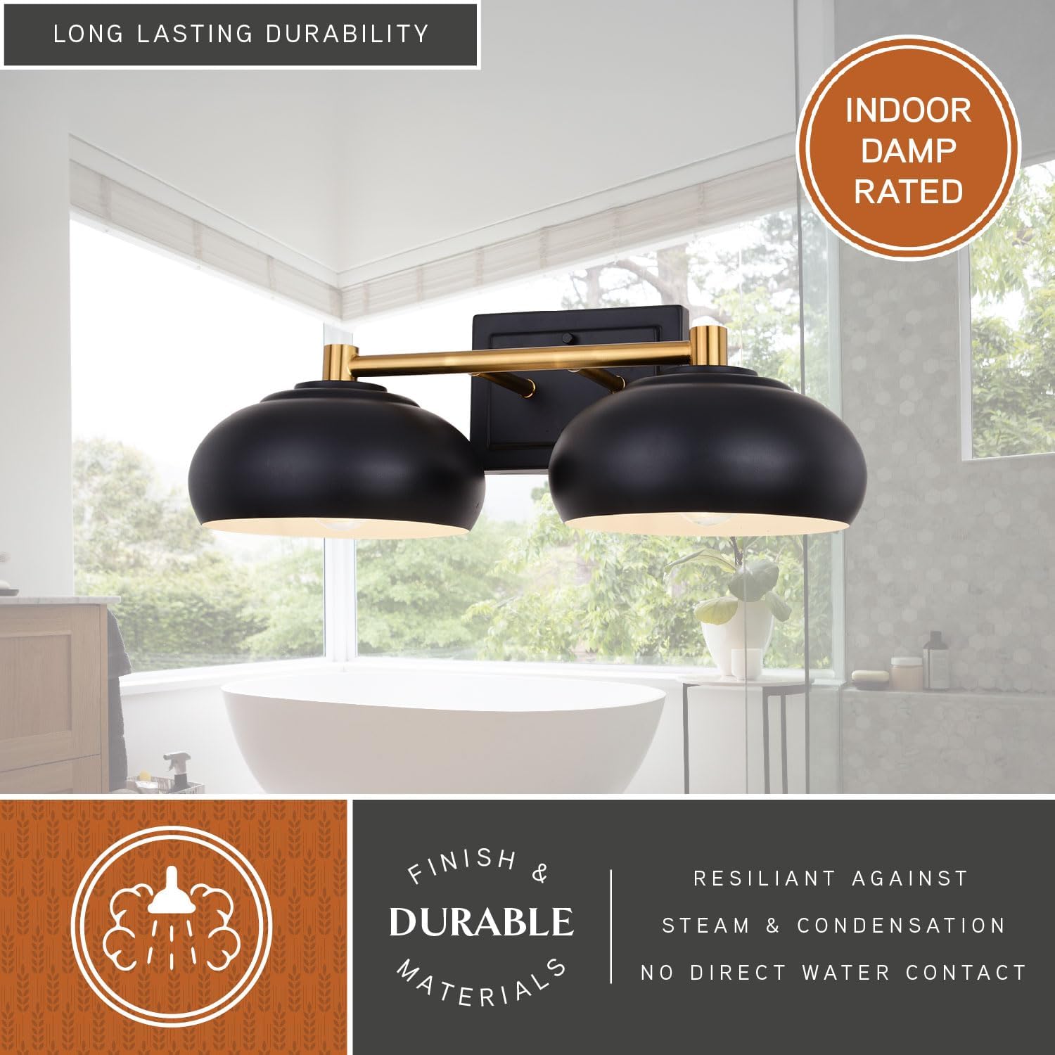VAXCEL Belmont 2-Light 18.5 inch Wide Matte Black and Satin Brass Contemporary Bathroom Vanity Lighting Fixture, Metal Dome Shade, Dimmable, LED Compatible, Over The Mirror Mounted Steel Wall Sconce