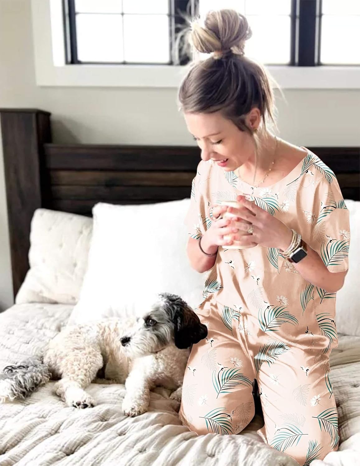 Ekouaer Womens Satin Silky Pajama Set Short Sleeve Shirt with Long Pajama Pant Set Soft PJ Loungewear - Image 4